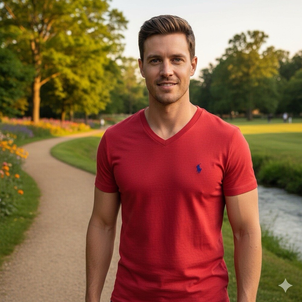 Polo Ralph Lauren Red V-Neck T-Shirt Mens Size‎ Large Blue Pony Logo Cotton